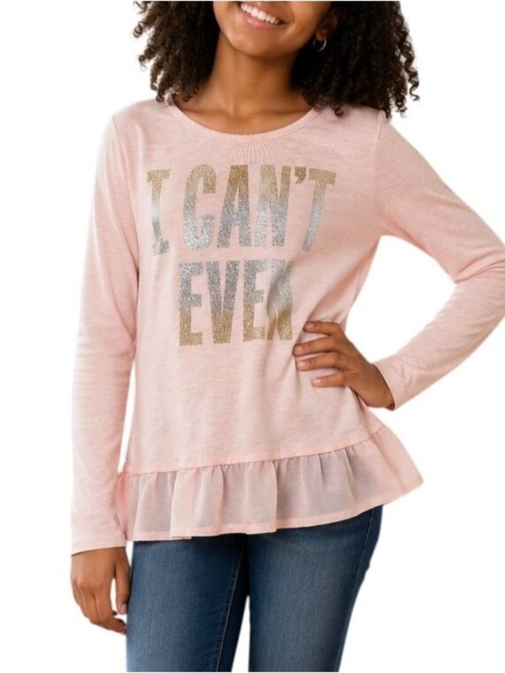 Place Girls Size XL 14 Top Graphic I Cant Even Long Sleeve Ruffle Hem Shirt